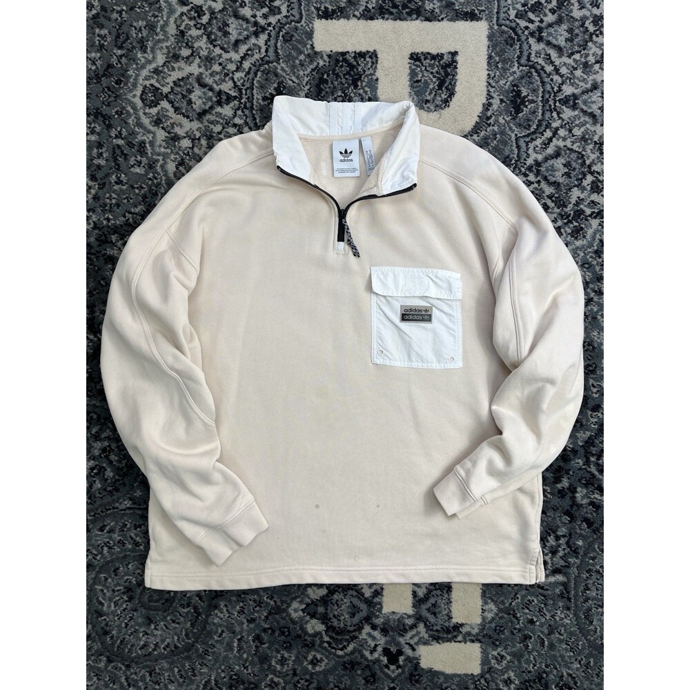 Men’s Adidas R.Y.V. Half-Zip Utility Crew Sweatshirt Size Medium Beige